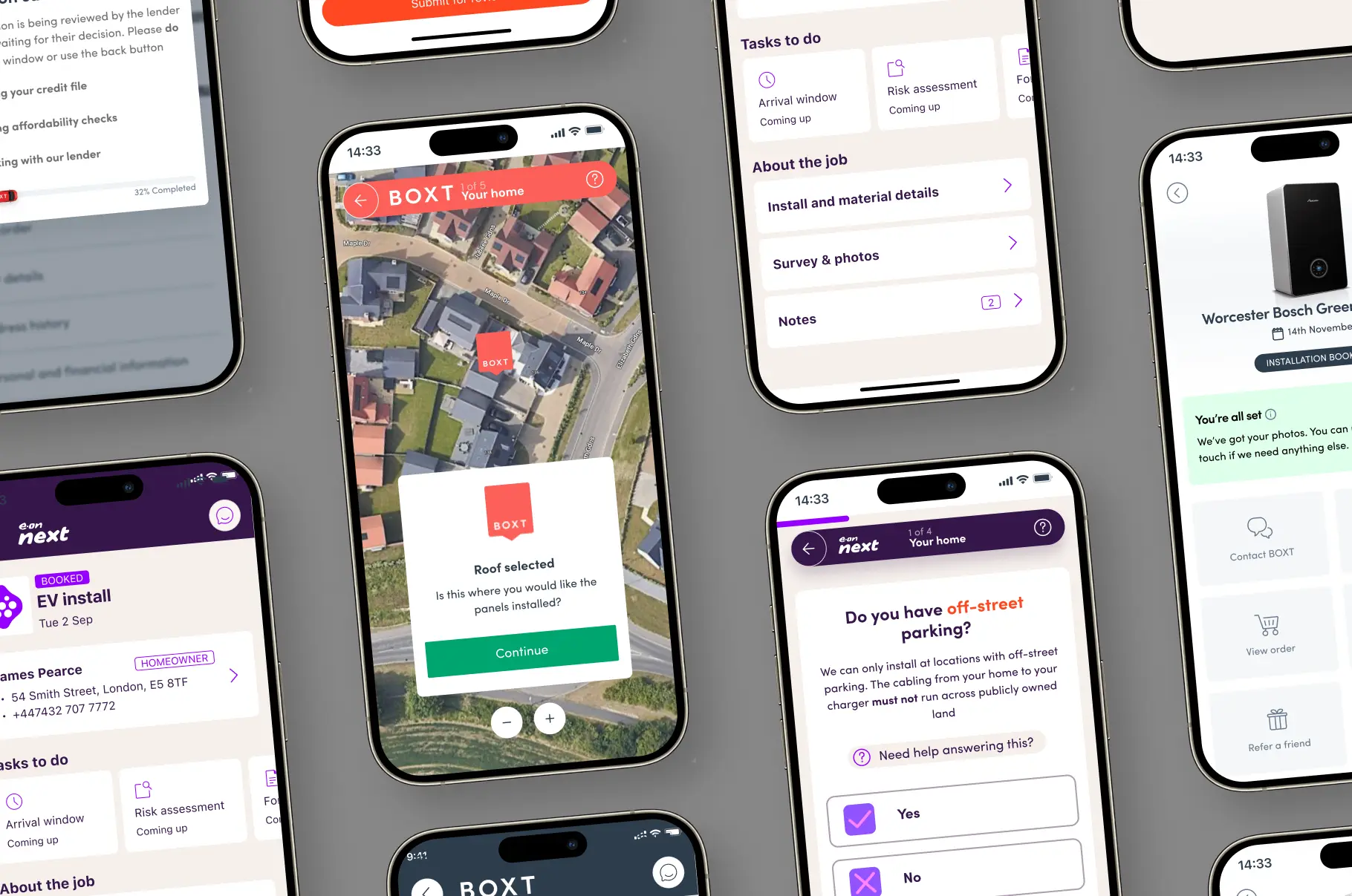 Multiple phones showing different screens from the Zuno experience 